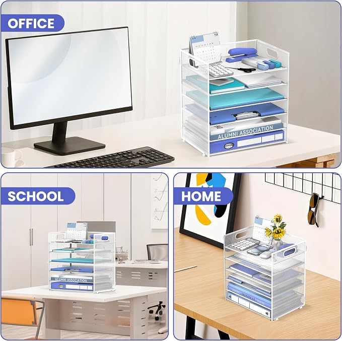 Daltack 6-Tier Paper Organizer for Desk with Handle, White | Sturdy Metal Mesh Organizer with Movable Middle Trays and a Carry Handle for Papers, Folders and Office Supplies - Image 6
