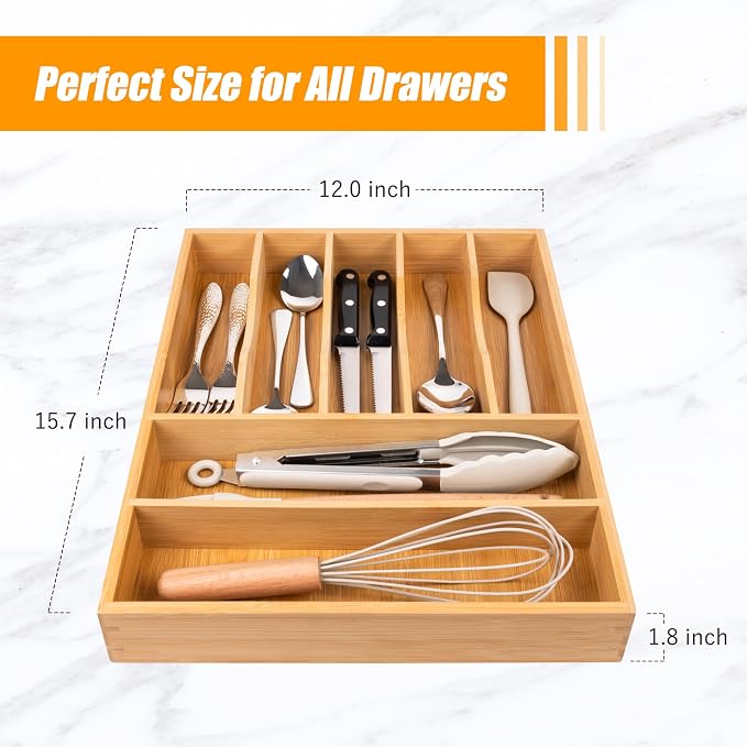 Bamboo Silverware Drawer Organizer, Kitchen Utensil Drawer Organizers, 12"x15.7" Utensils Holder Cutlery Tray with Grooved Drawer Dividers for Kitchen Flatware Bedroom Office(7 Slot, Natural) - Image 3