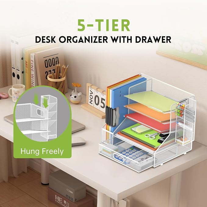 5-Tier Desk Organizer with File Holder & Pen Holder & Sliding Drawer, White | Mesh Metal Paper Letter Tray for Papers, Mail, Office Supplies, and Desk Accessories - Image 4