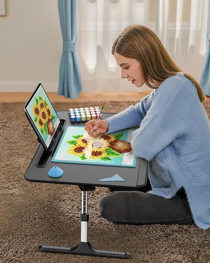Laptop Table with LED Desk Light, SAIJI Laptop Stand for Bed | Height Adjustments Bed Desk with Book Stand for Reading Writing Drawing (Black) - Image 8