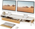 Fenge Dual Monitor Stand with Large Storage Drawer, 42.5" Dsek Shelf, White | Slide-Out Drawer with Wood Grain Finish, Ergonomic Monitor Riser, Aluminum leg, 2-Tier Desk Organizer for Laptop, TV, PC by Fenge