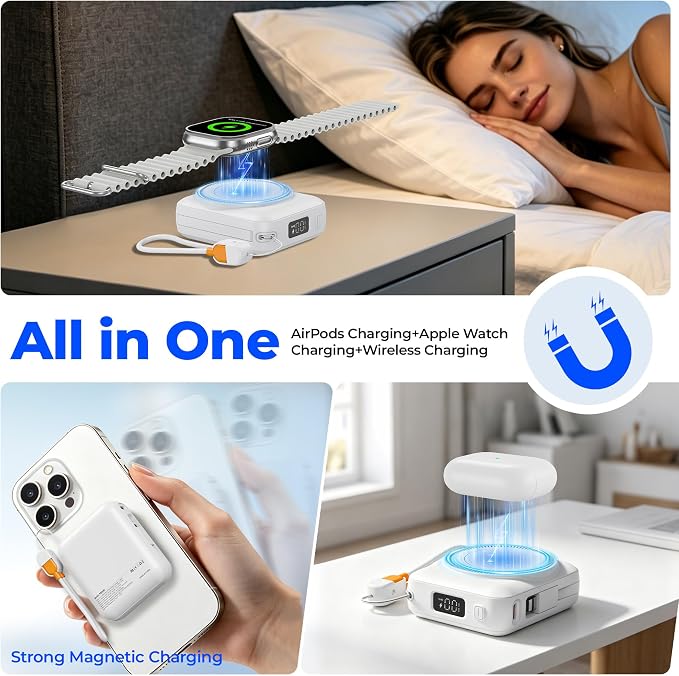 20000mAh Portable Charger 22.5W Fast Charging Power Bank Charge iWatch, Built-in Cables, LED Display, Magnetic Wireless Charging, TSA approved, Pocket Size, for Apple Watch, Phone, AirPods, White - Image 7