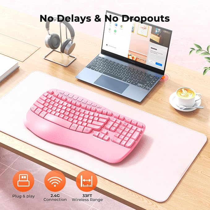 MEETION Wireless Ergonomic Keyboard with Wave Keys and Wrist Rest - Pink | Firm wrist rest, 2.4G USB-A receiver, USB-C adapter included, full-size layout, compatible with Windows, Mac, PC, laptop - Image 5
