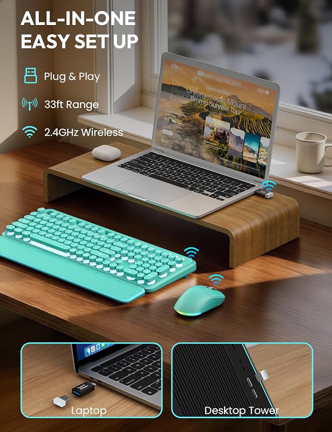 Wireless Keyboard and Mouse, Backlit Typewriter with Magnetic Wrist Rest | Phone Holder, Light Up Round Keycaps, Lighting Mouse, 2.4GHz Cordless Set for Mac, Windows, PC, Laptop, SABLUTE - Image 5