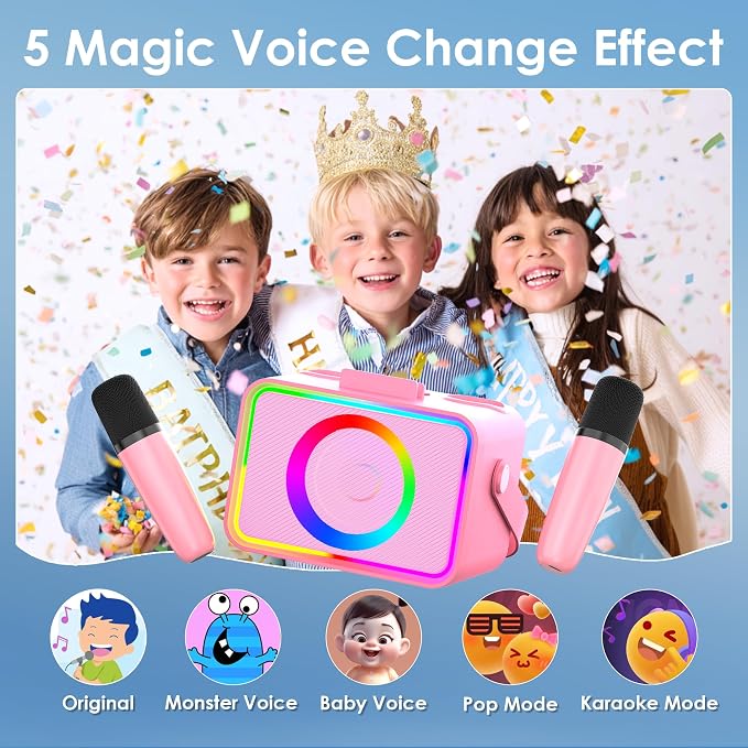 Karaoke Machine for Kids Adults,Portable Bluetooth Speaker with 2 Wireless Microphone with LED Lights, Karaoke Microphone with PA System Supports USB/TF/AUX,Gift for Party(Black) (Pink) - Image 3