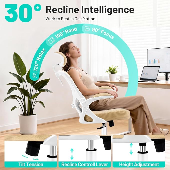 Office Chair - Ergonomic Desk Chair Breathable Mesh Chair with 2D Headrest & Adjustable Lumbar Support - Executive High Back Rolling Swivel Computer Gaming Chair with Wheels Flip-up Armrests - Image 5