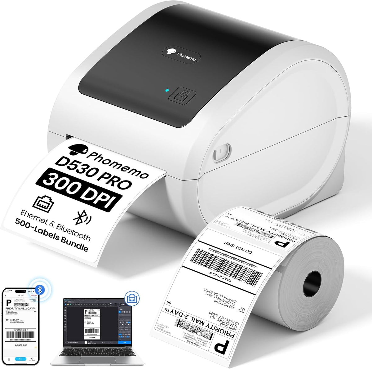 Phomemo 4x6 Shipping Label Printer 300DPI with 500 Pcs Labels by Phomemo