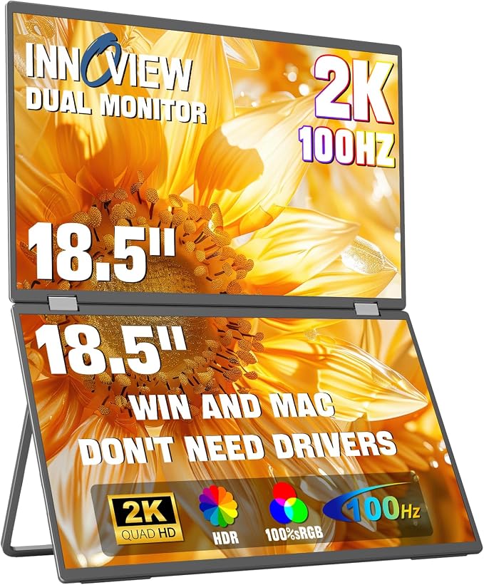 InnoView 18.5" Dual Portable Monitor 100Hz 2K 2560x1600P 100% sRGB Foldable & Stackable Design with 315° Screen Adjustment | DP/USB-C/HDMI, Second Monitor for Laptop, Mac, Windows by InnoView