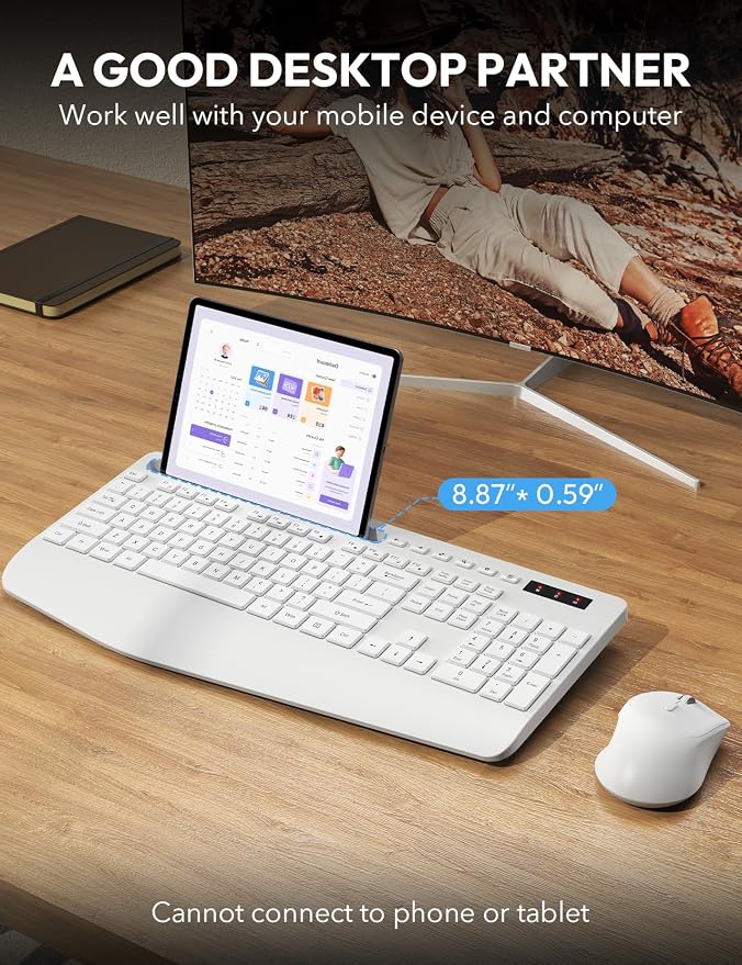 Wireless Keyboard and Mouse Combo, Full Size, Ergonomic Wrist Rest | 2.4G Lag-Free, 3-Level DPI, Phone Holder, Silent Typing, KM23D Batteries Powered Set for PC, Laptop, Windows, macOS (White) - Image 3