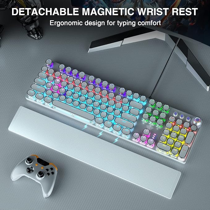 AULA F2088 Typewriter Mechanical Keyboard, White Retro Wired Gaming Keyboard with Blue Switches, Rainbow Backlit, Round Keycaps, Media Knob & Removable Wrist Rest - Image 2