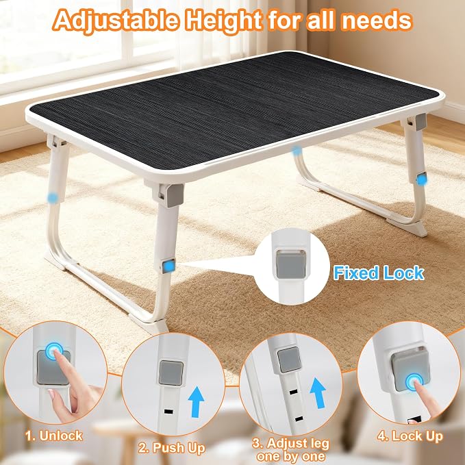Laptop Desk for Bed, Adjustable Height Laptop Bed Table, Foldable Lap Desk with USB Charge Port, Desktop Card Slot, Side Drawer, Book Shelf, Portable Lap Tray for Eating Reading Working Sofa & Floor - Image 6