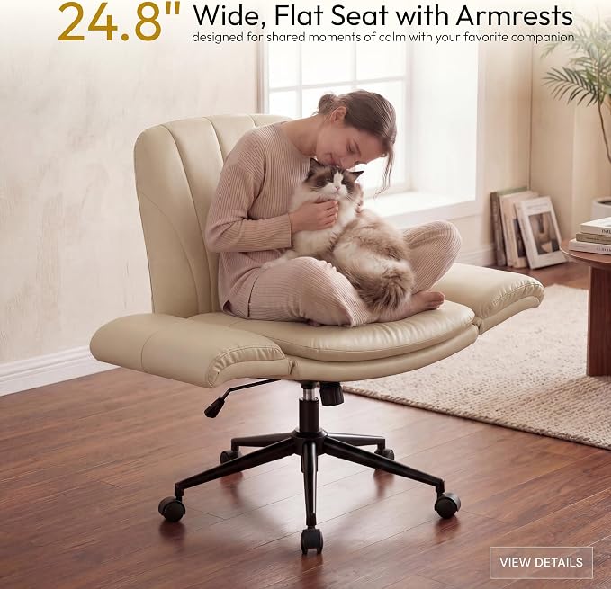 Dowinx Criss Cross Chair with Five-Level Adjustable Arms and Wheels - Comfortable Ergonomic PU Leather Swivel Vanity Chair - Computer Makeup Gaming Chair for Home Office, Bedroom, Vanity Room (Khaki) - Image 5