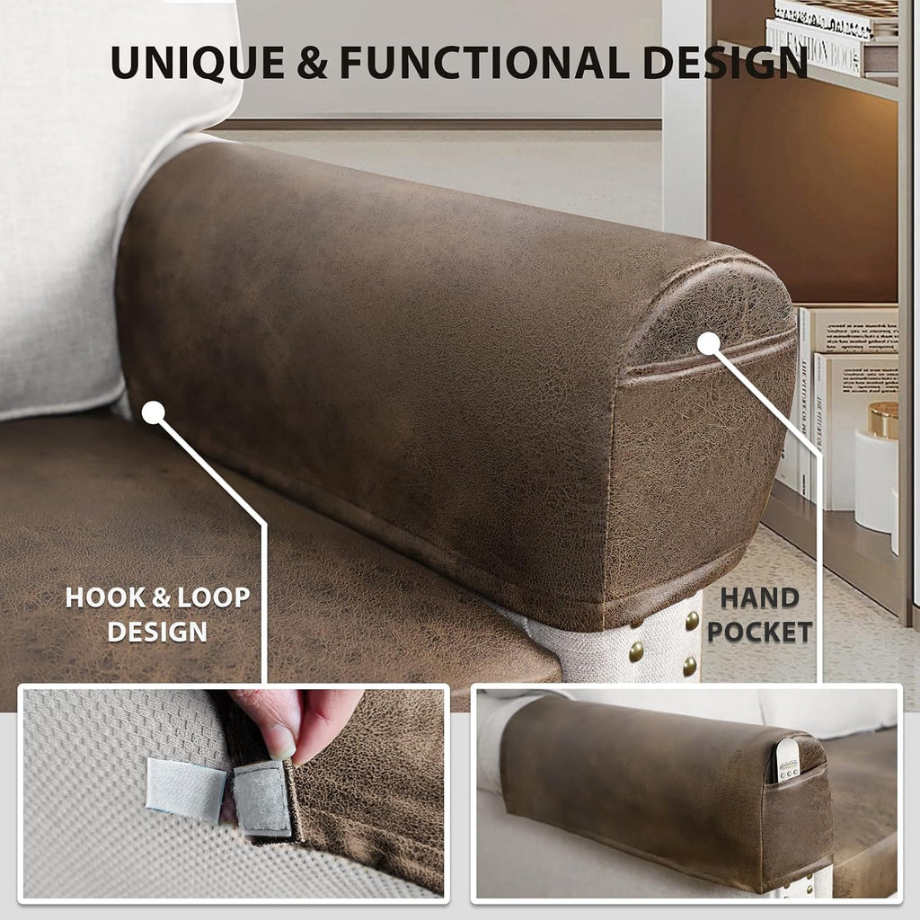 Leather Look Couch Arm Covers Set of 2 Armrest Covers for Sofa Chair Arm Protectors Stretch Armchair Slipcovers with Pockets Washable Spandex Fabric (Large, Brown) - Image 5
