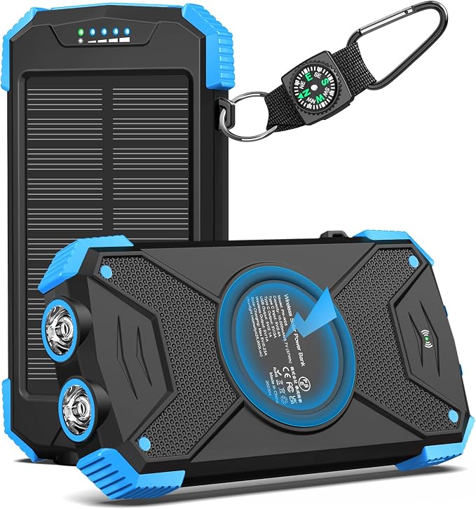 BLAVOR Solar Power Bank 10,000mAh, Portable Wireless Charger, 20W Fast Charging External Battery Pack with USB C for Cell Phones, Solar Panel Charging with Dual Flashlight for Camping by BLAVOR