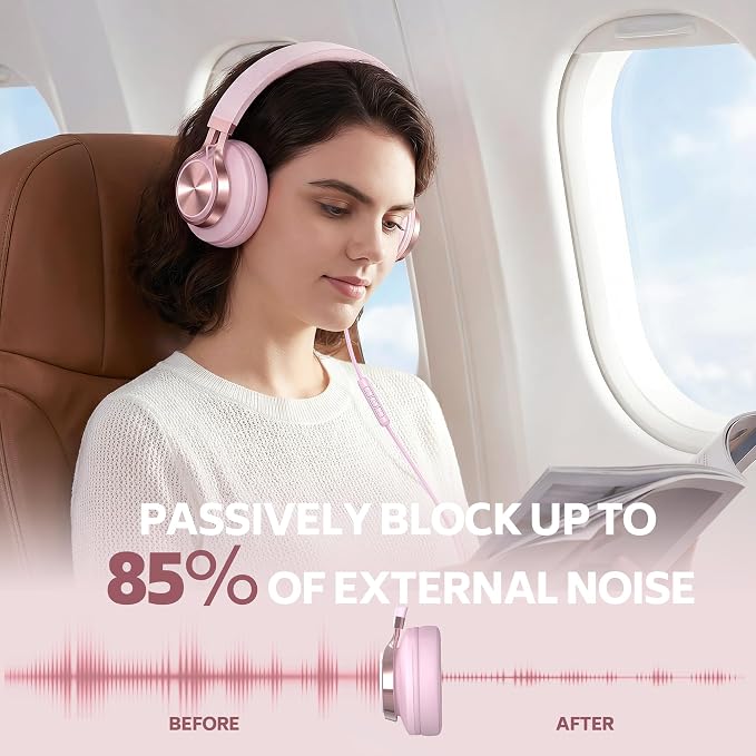 Wired Over-Ear Headphones Pink with Mic for School Work, 3.5mm Jack | Corded Passive Noise Isolating Stereo Headphones with Volume Control, Comfort Protein Leather Earcups for Teens, Women, Girls - Image 4