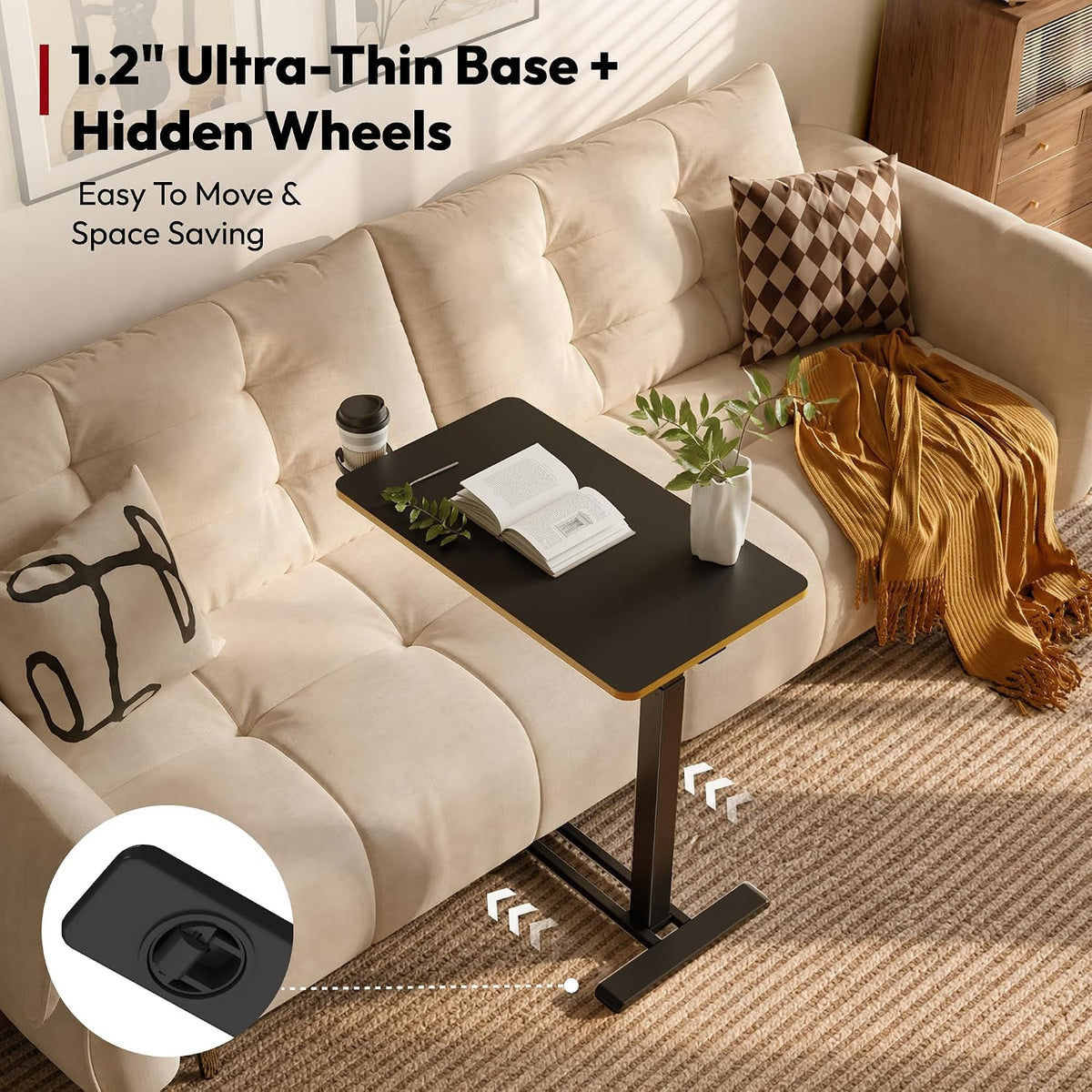 SANODESK 28''Pneumatic Adjustable Overbed Bedside Table with Hidden Casters - Image 6