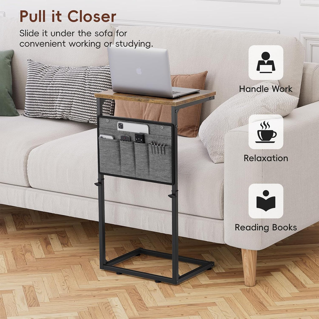 C Shaped End Table, Small Side Table for Couch, Adjustable Height Sofa Table with Metal Frame for Living Room, 33'' Tall Side Table for Couch, Bedroom, Bedside, Rustic Brown and Black - Image 3