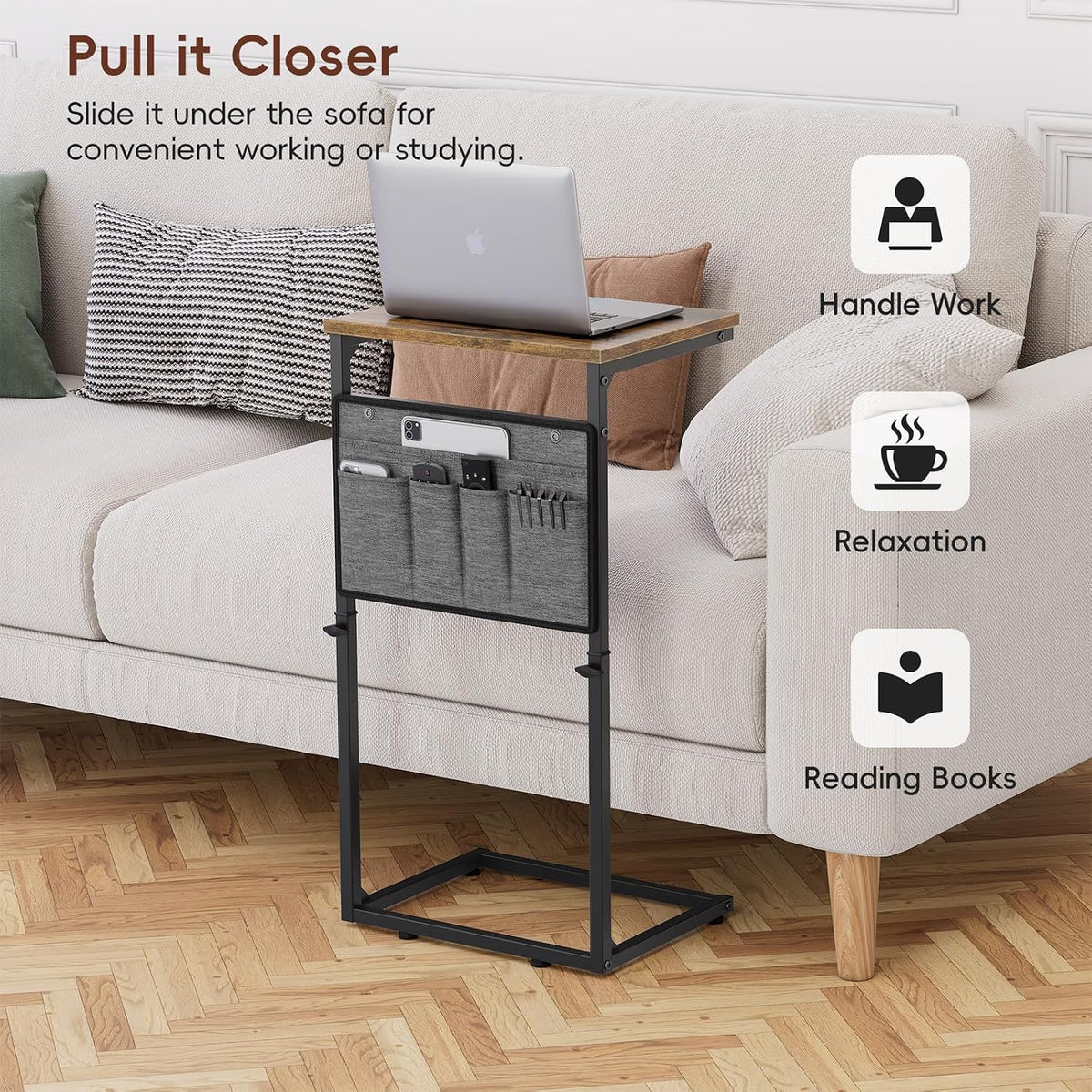 C Shaped End Table, Small Side Table for Couch, Adjustable Height Sofa Table with Metal Frame for Living Room, 33'' Tall Side Table for Couch, Bedroom, Bedside, Rustic Brown and Black - Image 3