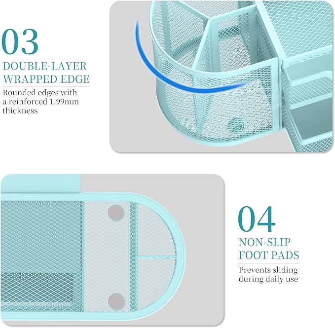 Mesh Desk Organizer, Pen Holder for Desk with 2 Drawers, Blue | Desk Organizers and Accessories with 8 Compartments and 2 Drawers, Pencil Holder for Desk for Small Office Supplies - Image 6