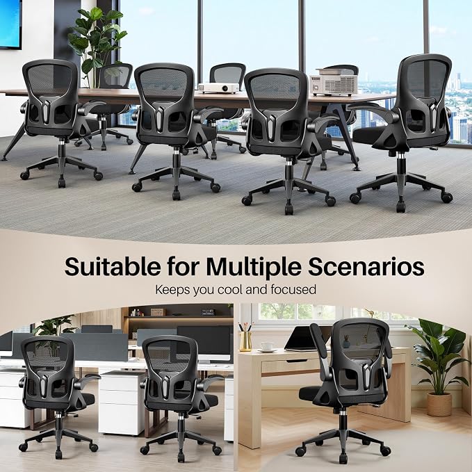 Office Chair Ergonomic Desk Chair, Adjustable Lumbar Support Rolling Swivel Comfy Chair with Space-Saving Flip Up Armrests,Mesh Gaming Chair for Business Work Office & Home, Black 2pcs - Image 7