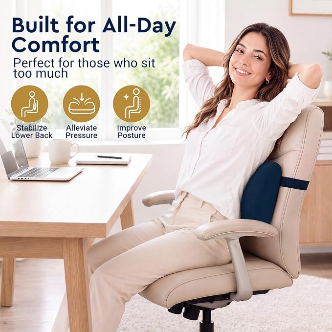 Lumbar Support Pillow for Office Chair, Lower Back Pillow with Strap, Blue | Saty in Place, Soft Plush Cover, Memory Foam Core, Erogonimic for Long-Sitting Comfort, Ideal for Car Seat & Most Chairs - Image 4