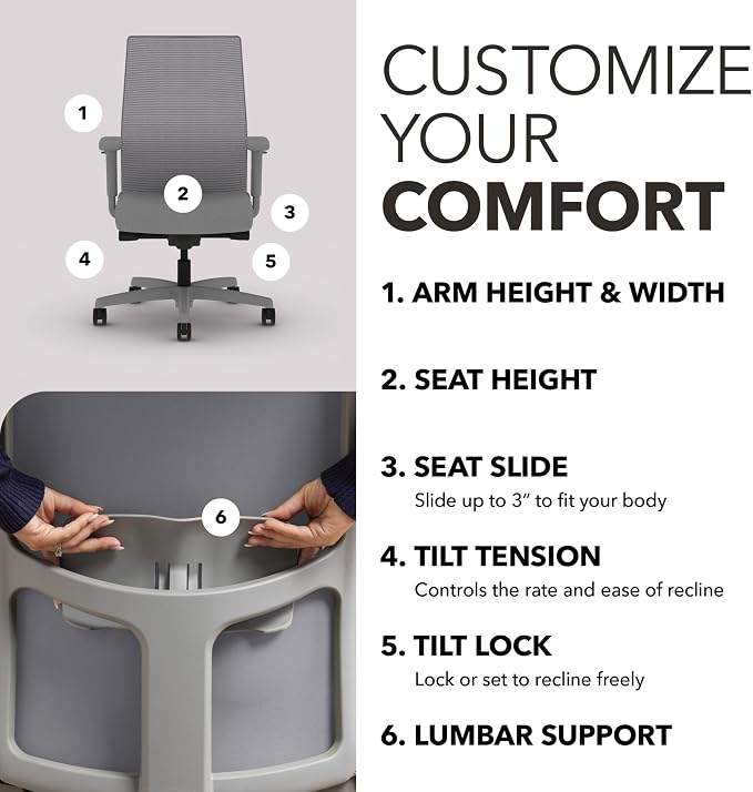 HON Ignition 2.0 Ergonomic Office Chair, Lumbar Support, Office Desk, Frost | Ergonomic office desk chair with lumbar support, adjustable arms, office decor, workstation comfort for focused productivity - Image 3