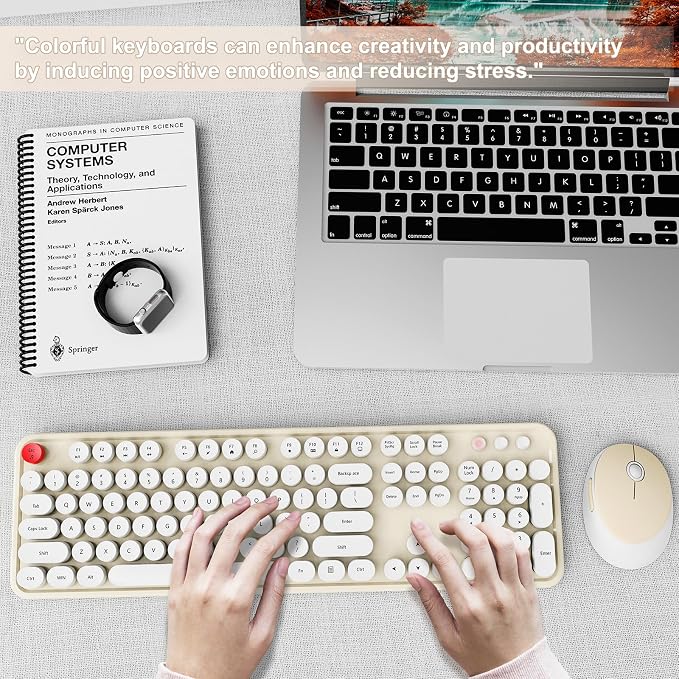 Wireless Keyboard and Mouse Combo, Ergonomic Full Size Typewriter Retro Round Keycaps Keyboard, Compatible with Windows, PC, Perfer for Home and Office Keyboards (Beige - Image 7