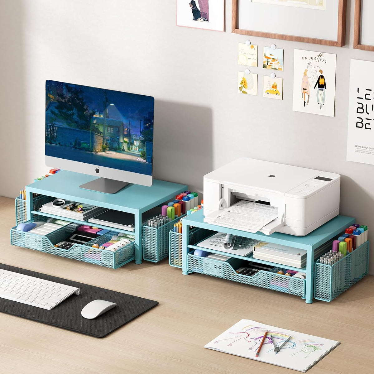 Desk Organizer, Monitor Stand Riser with Drawer and 2 Pen Holders - Image 6