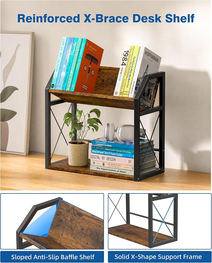 Desktop Bookshelf, Wooden Desk Shelf Organizer, Brown | 2-Tier Desk Top Storage Rack for Office, Dorm, Bedroom Decor, Small Tabletop Shelf for Books, Plants & Accessories - Image 5