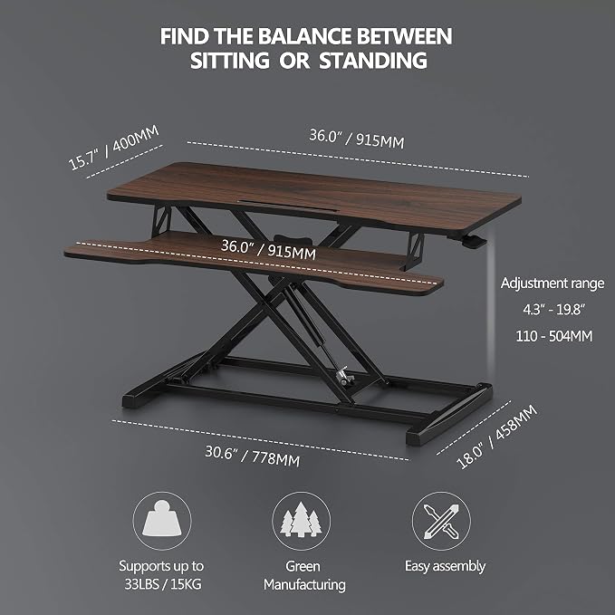 FITUEYES Height Adjustable Standing Desk 36” Wide Sit to Stand Converter Stand Up Desk Tabletop Workstation for Laptops Dual Monitor Riser Brown SD309102WE | Standing Desk Converter,Stand Up Desk Riser,for Laptop Dual Monitor Riser,Tabletop Workstation... - Image 4