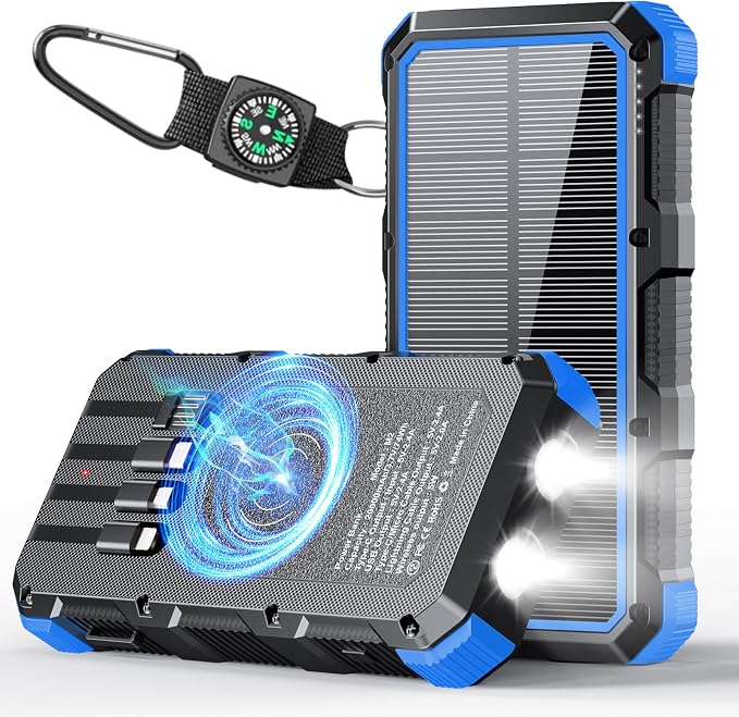 Solar Charger Power Bank 20000mAh Wireless Charger QC 3.0 Fast Charging Power Bank 8 Outputs 4 Inputs Solar Portable Charger Compatible with All Mobile Devices,SOS/Strobe/Strong Flashlights (blue) by Fmooo