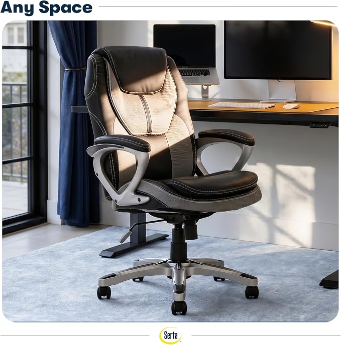 Serta Ergonomic Executive Office Chair, Padded Arms Mesh Back Leather Chair | Amplify, Contoured Lumbar Lower Back Support, Back Pain Relief, Adjustable Height & Recline, Work From Home Desk Chair, Gray - Image 2