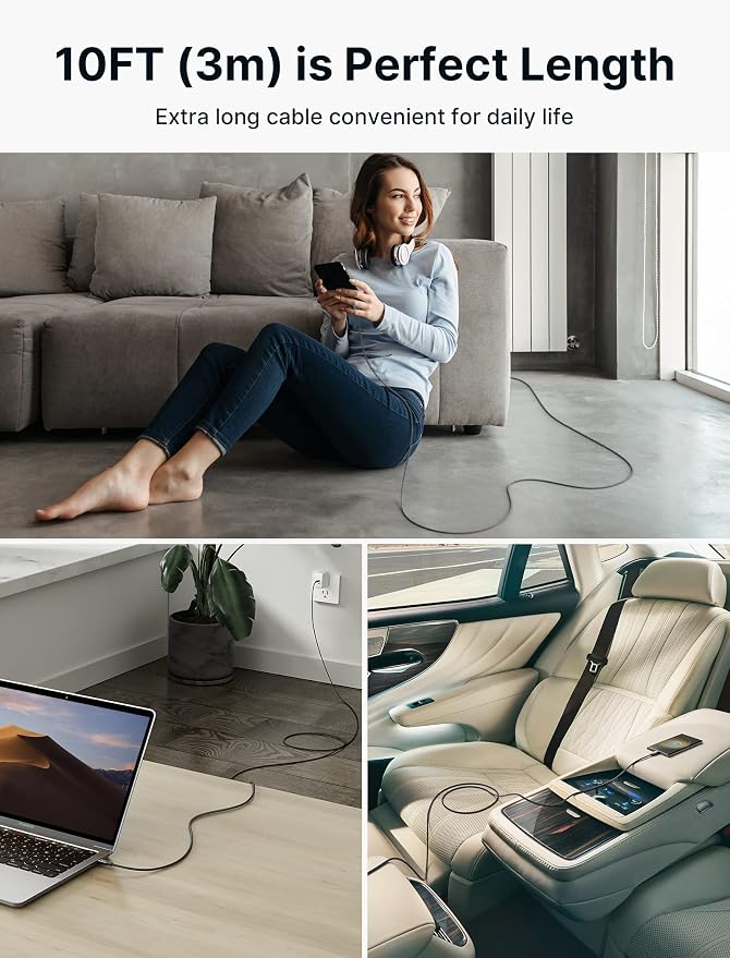 JSAUX 100W USB C to USB C Cable [2-Pack 10FT], PD Fast Charging, Grey | 100 Watt Fast Charger, Braided Type-C Cords for iPhone Air/17e/17/16/15 Series, Galaxy S/Note Series, MacBook and iPad - Image 7