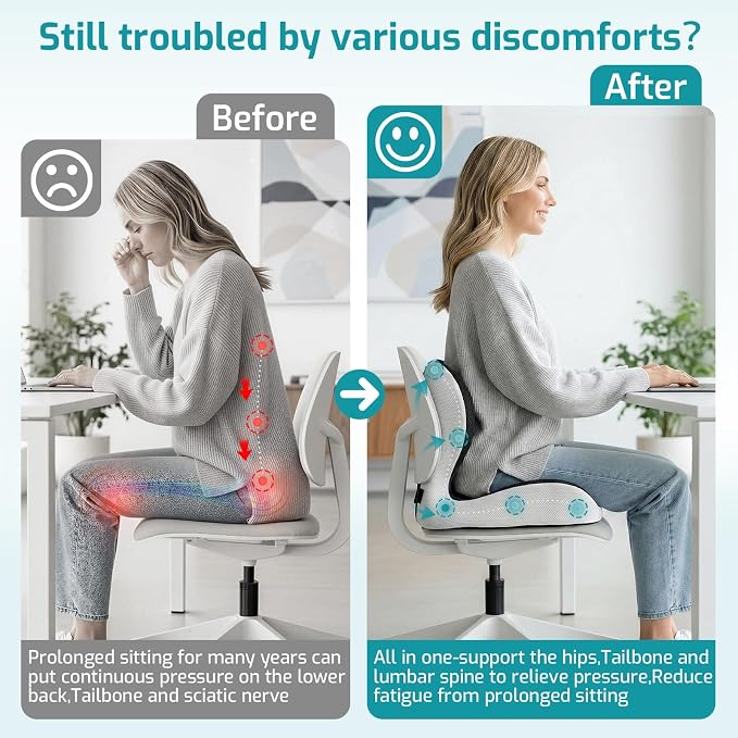Ergonomic Seat Cushion,Office Chair Cushion with Lumbar Support Pillow | Improve Seat Comfort,Back Pain,Tailbone & Sciatica Relief,Memory Foam Seat Cushions for Office,Car,Home Chairs - Image 4