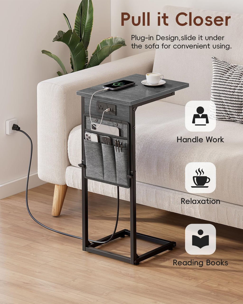 C Shaped End Table with Charging Station, C Table End Table Adjustable Height, Small Side Table for Couch, Sofa Table Slide Under Couch TV Tray Arm Table for Living Room, Bedroom, Gray Walnut - Image 7