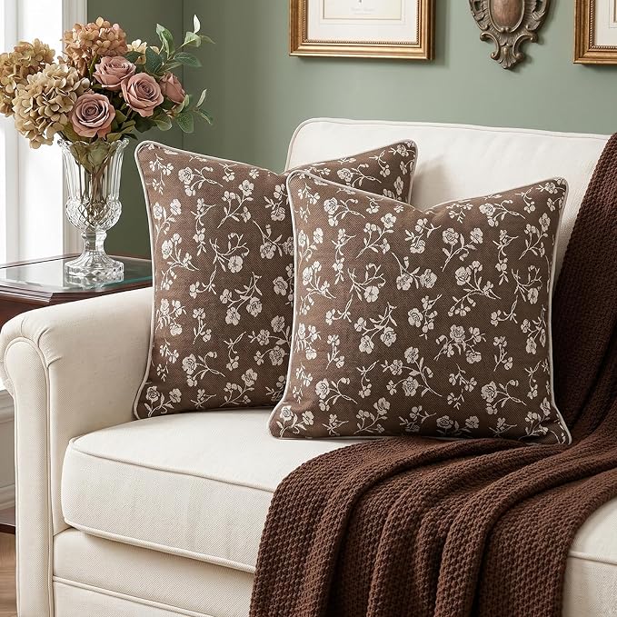 20x20 Chenille Jacquard Throw Pillow Cover, Taupe Gray Vintage Floral Cushion Case with Piped Edges, Decorative Large Accent for Sofa, Bed & Couch, 2 Pack - Image 5