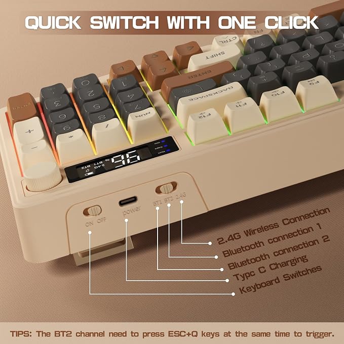 LexonElec M96 Wireless Gaming Keyboard,Knob Control Bluetooth/2.4G Wireless Mechanical Feeling Keyboard,RGB LED Backlit with Display Screen, PBT Keycap, 3000mAh, 94-Key Layout for Win/Mac(Coffee) - Image 7
