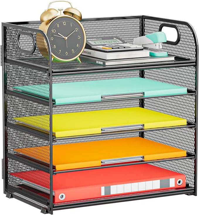 Paper Organizer Letter Tray with Handle, 5-Tier Black | Stackable Desk Organizer with Metal Mesh, Sturdy Paper Tray for Office Desk, Home & Classroom Supplies Storage by Kinkota