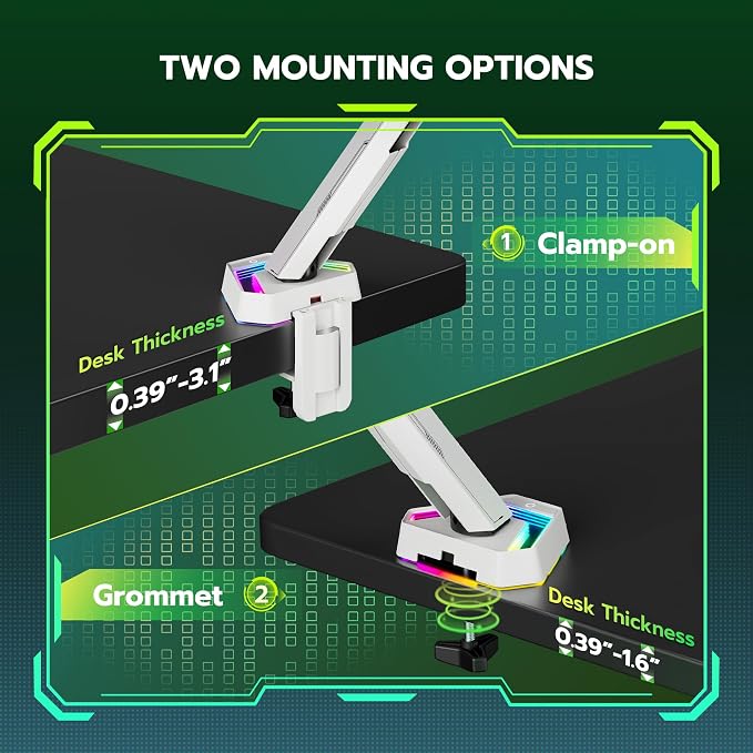 ARES WING RGB Single Monitor Arm Desk Mount for 17-45 inch Monitors, White | Monitor Arm Desk Mount Holds 35.2 lbs Heavy Duty, Adjustable Ultrawide Monitor Arm with Clamp & Grommet Base, 75/100 VESA - Image 7