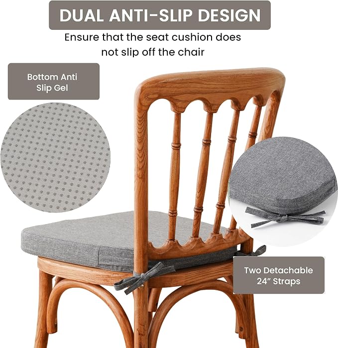 Battilo Chair Cushions for Dining Chairs with Ties, Waterproof Kitchen Chair Pad with Non-Slip Backing, Seat Cushions with Machine Washable Removable Cover, 16"x16"x2", Set of 4, Dark Grey - Image 5