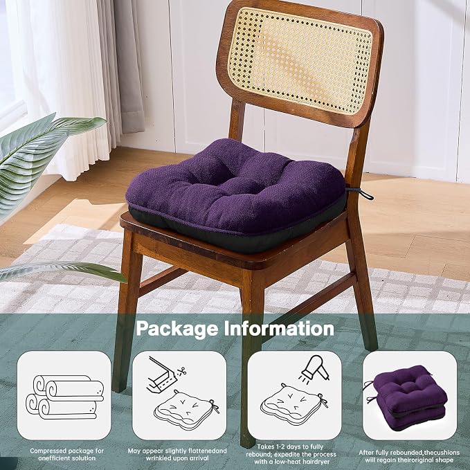 BETU Chair Cushions for Dining Chairs Set of 4,3.5" Thick Kitchen Table Chair Pads with Ties,Non Slip Backing and Covers, Seat Cushion for Dining Room,Bar,Patio Chairs,15.5"X15.5"X3.5",Dark Purple - Image 9