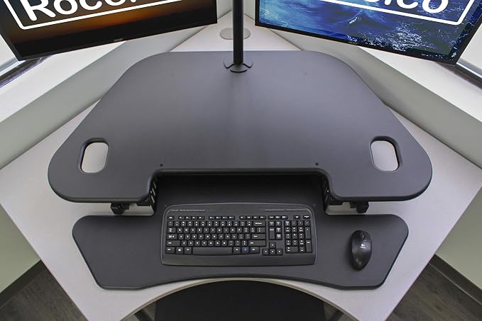Rocelco 46" Height Adjustable Corner Standing Desk Converter with Anti Fatigue Mat BUNDLE, Quick Sit Standup Dual Monitor Riser, Computer Workstation-Keyboard Tray, (R CADRB-46-MAFM), Black - Image 7