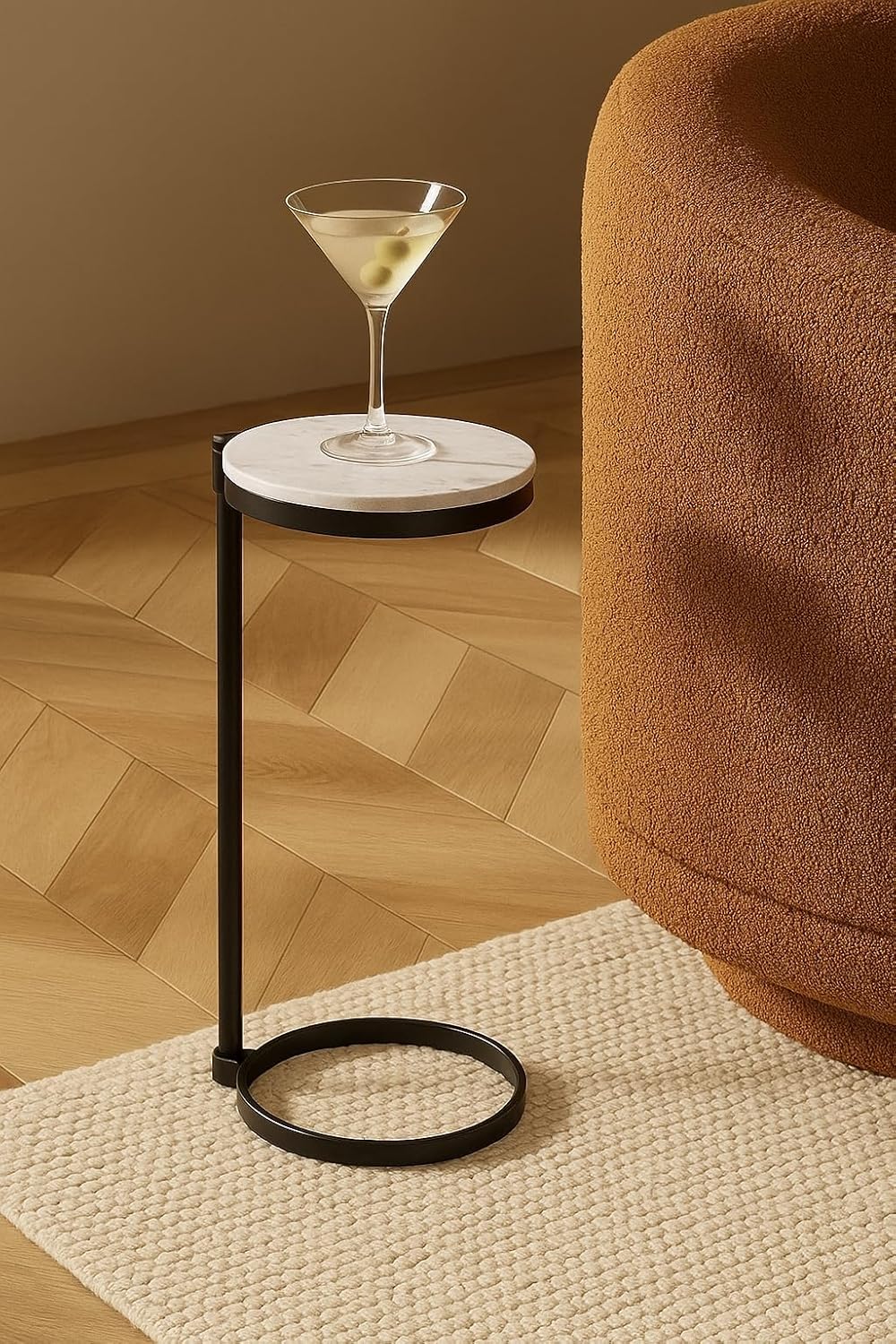 TEHOME Gold Glass Drink Table Metal Martini Round Small Drink Side Table for Couch Tempered Glass C Shaped End Table for Sofa 10" diam,24.55" h - Image 9