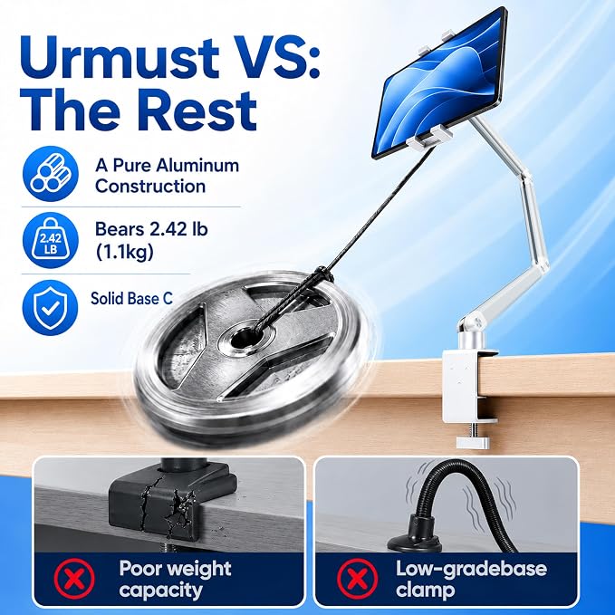 Portable Monitor Stand up to 18.5", iPad Stand for Desk, Silver | Aluminum Arm, Portable Monitor Holder 15.6", Adjustable Desktop Tablet Mount, Second Screens - Image 6