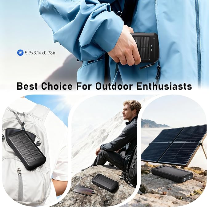 Solar Charger Power Bank 20,000mAh, Portable Charger, 4 Cables 3 Ports Fast Charging External Battery Pack with USB C for Cell Phones, Solar Panel Charger with Dual Flashlight for Camping Black - Image 9
