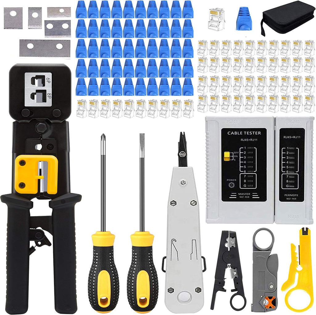 LEATBUY RJ45 Crimping Tool Kit for RJ11/RJ12/CAT5/CAT6/Cat5e, Professional Computer Maintenacnce Lan Cable Tester Network Repair Tool Set Wire Crimper Wire Connector Stripper Cutter (BLACK) by LEATBUY-TECH