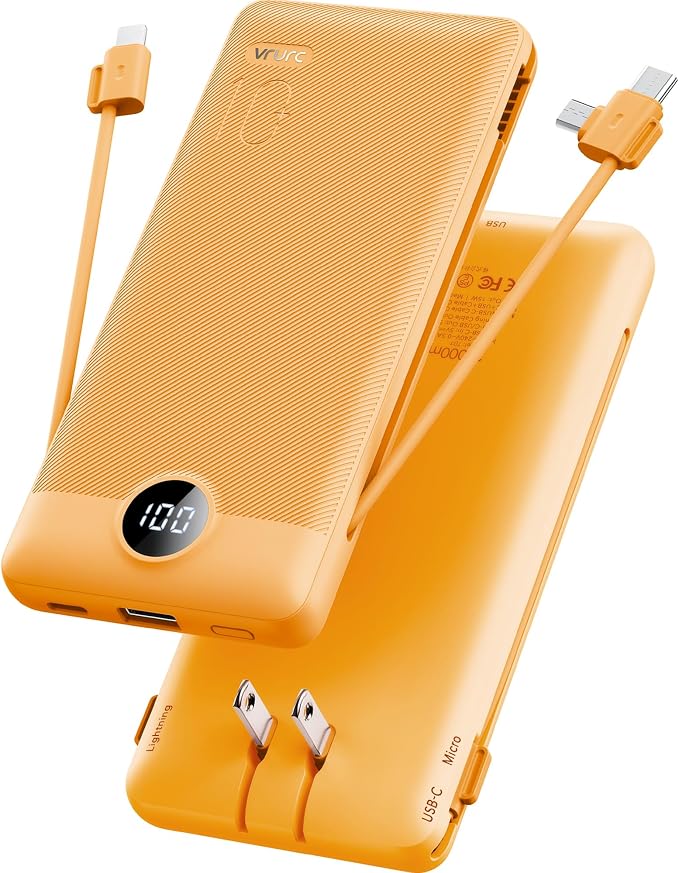 VRURC Portable Charger, Power Bank Built-in Cables and AC Wall Plug | USB C Power Bank 10000mAh Travel Essentials Phone Charger Compact External Battery Pack For Smart Phones, Tablets etc-Orange by Home