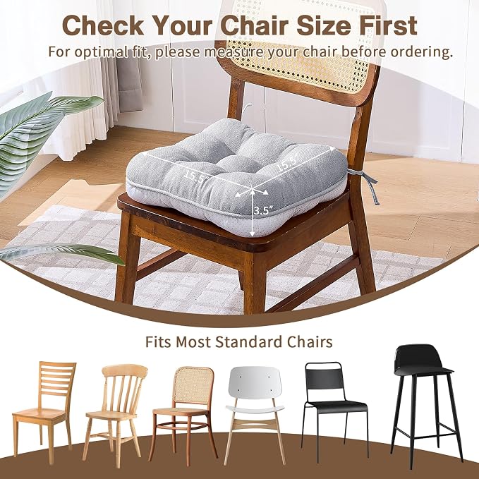 BETU Chair Cushions for Dining Chairs Set of 6,3.5" Thick Kitchen Table Chair Pads with Ties,Non Slip Backing and Covers, Seat Cushion for Dining Room,Bar,Patio Chairs,15.5"X15.5"X3.5",Light Grey - Image 4