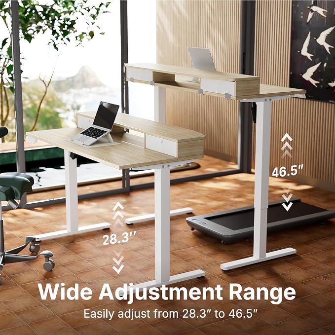 HUANUO 47.2" X 23.6" Electric Standing Desk with 2 Drawers, C-Clamp Mount Compatible, Height Adjustable Computer Desk, Home Office Stand Up Desk with 4 Preset Heights & 2 Hooks, Light Walnut - Image 7