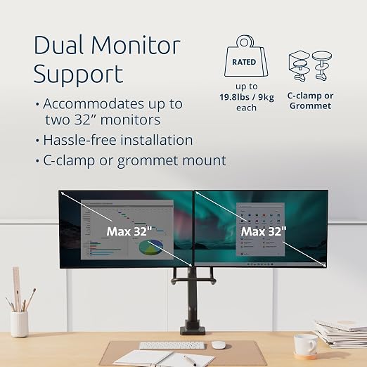 Kensington SmartFit Dual Monitor Arm with Crossbar and Easy-Grip Handle for 2 Screens Up to 32 Inch 19.8lbs, Gas Spring Height-Adjustable C-clamp or Grommet Monitor Mount with Max VESA 75/100mm - Image 4